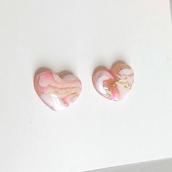Boho Girly Dainty Mini Pink White Gold Agate Puffy Heart Studs Earrings - Picture 9 of 9